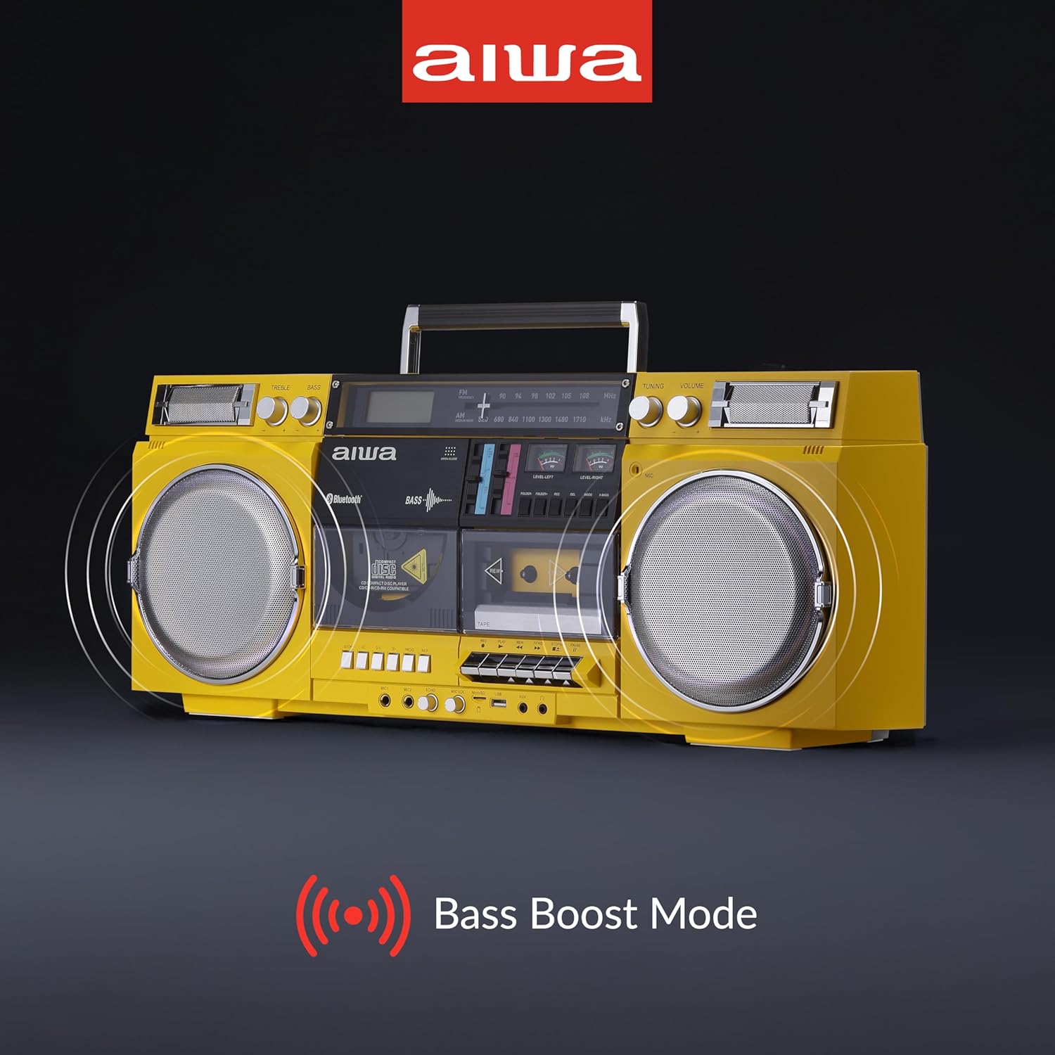 aiwa Retro Boombox CD Player with Cassette Recording  Bluetooth 5.0  FM/AM Radio  USB/SD/AUX Inputs  VU Meters  LCD Display  Dual 40W Speakers - Yellow