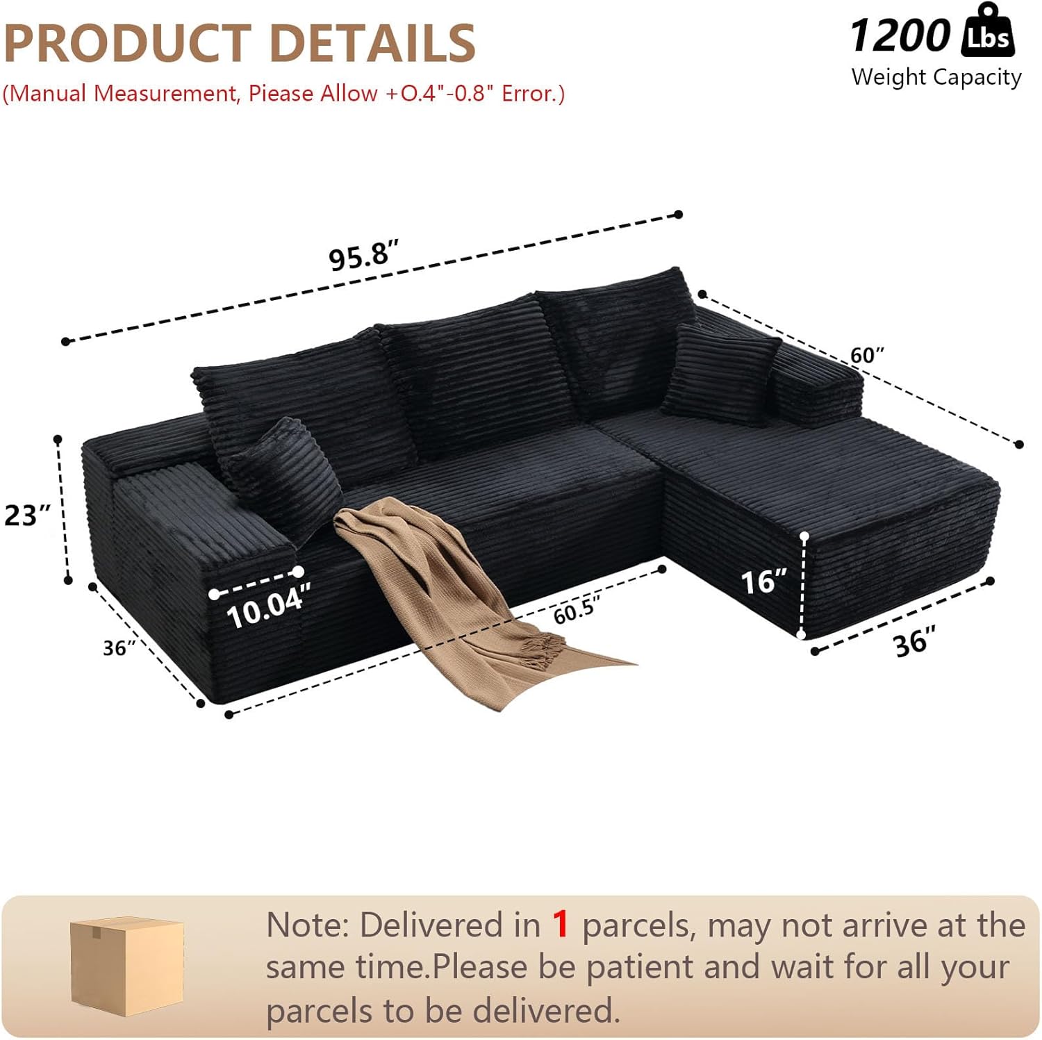 96" Modular Sectional Sofa, Modern Corduroy Cloud Couch with Deep Seat, Boneless Couch Upholstered 3-Seater L-Shaped Sofa for Living Room, No Assembly Required (Black, Right-Facing Chaise)