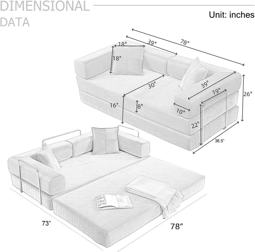 Convertible Folding Sofa Bed, Modern Futon Sleeper Sofa Fold Out Couch Bed with Gold Fixed Frame, Modular Floor Sofas Comfy Corduroy Boneless Couches for Living Room (78" Beige)