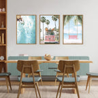 Large Summer Beach Surfing Scene Framed Canvas Wall Art Set,Coastal Pink Van and Surfboards Wall Decor,Trendy Beach Swing Palm Trees Artwork for Living Room,Bedroom-24 x36 x3