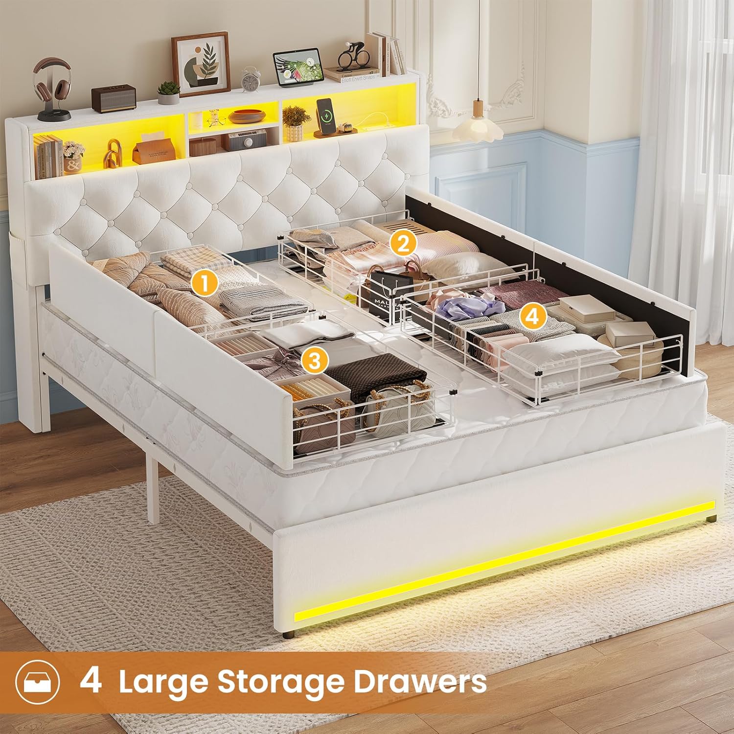 Full Size Bed Frame with Bookcase Headboard,LED Bed Frame with Charging Station, 4 Storage Drawer, Modern Velvet Upholstered Platform Bed with 5 Shelf, No Box Spring Needed, Creamy White