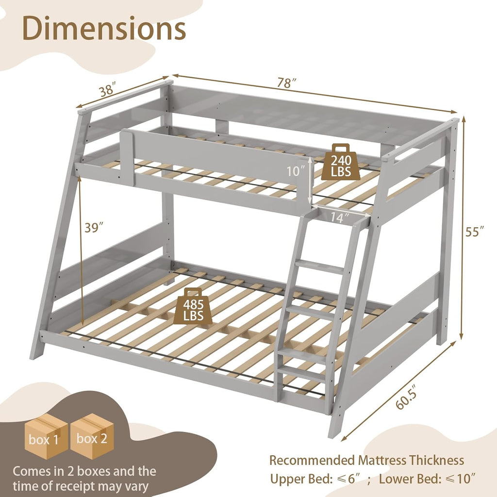 KOMFOTT Twin Over Full Convertible Bunk Bed with Reversible Ladder, Solid Wood Frame, Slats Support & Guardrails, No Box Spring Needed (Grey)