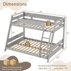 KOMFOTT Twin Over Full Convertible Bunk Bed with Reversible Ladder, Solid Wood Frame, Slats Support & Guardrails, No Box Spring Needed (Grey)