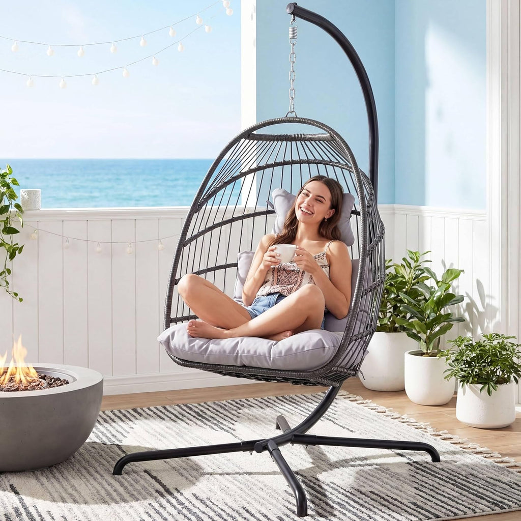 NICESOUL All Weather Swing Egg Chair Indoor Outdoor, Comfy Rattan Patio Basket Hanging Chair with Stand and Cushions, 350lbs Heavy Duty Sturdy Egg Hammock Chairs for Porch Balcony Deck Garden, Gray