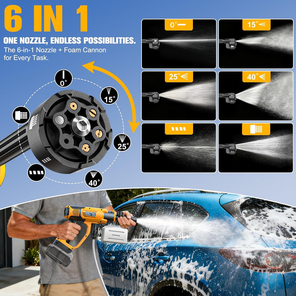 Car Cleaning Tools, 600W, Brushless Motor, 6-in-1 Nozzle & Foam Cannon for Car, Patio, Fence (Yellow)