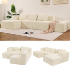117” Modular Sectional Cloud Couch with L-Shape Chaise Lounge, Boneless Convertible Sofa for Living Room, Corduroy 4-Seater Couch, No Assembly Required, Cream Beige, Left Facing Chase