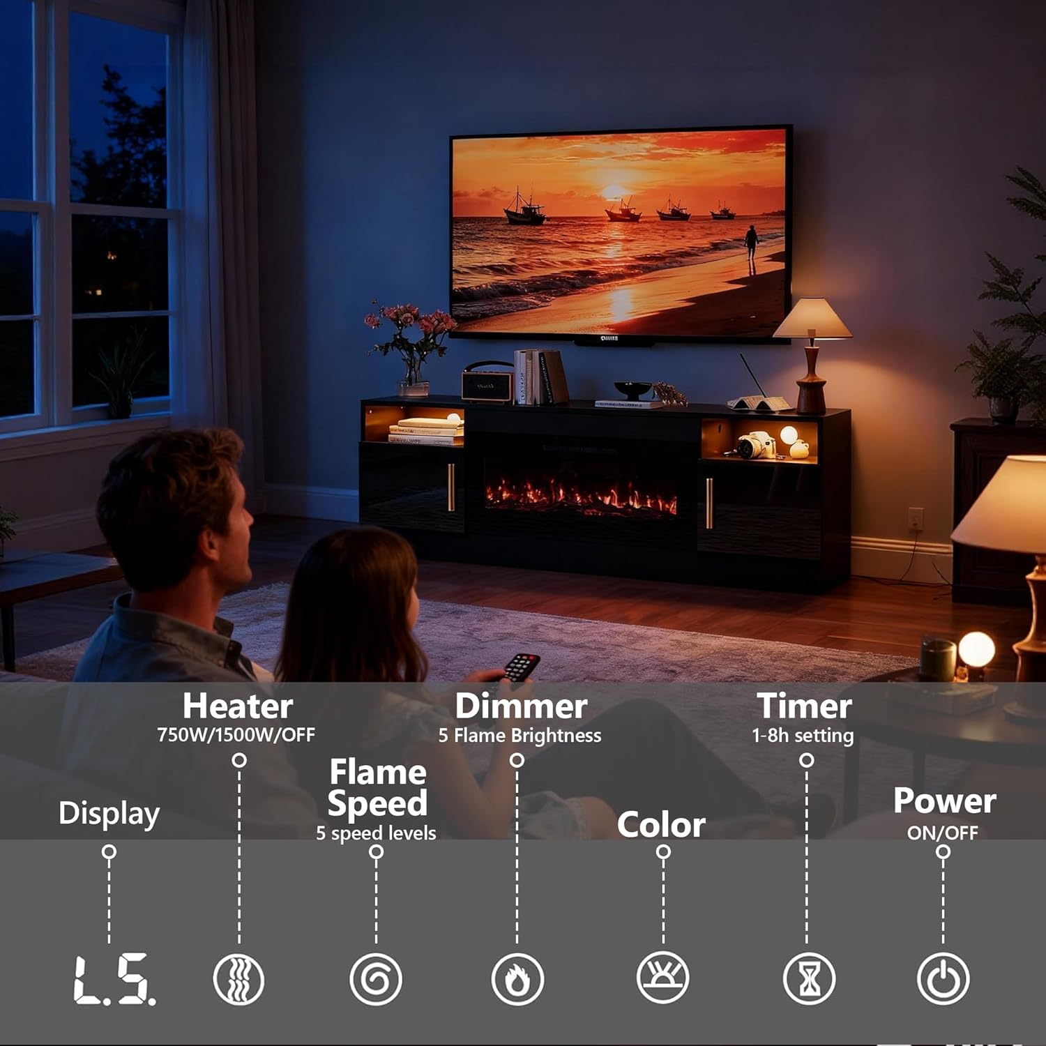 Fireplace TV Stand with 36'' Electric Fireplace, 70'' TV Media Entertainment Center with Fireplace Up to 80 inch,Modern LED TV Console for Living Room (Black with Black Fireplace)