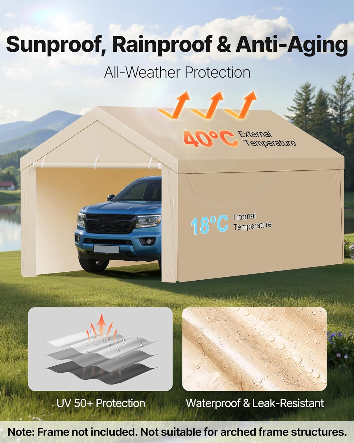 VEVOR Carport Replacement Canopy Cover, 10 x 20 ft Potable Garage Tent Top Tarp with Sidewalls, UV-Resistant & Waterproof, Heavy Duty Car Shelter Tarp with Ball Buggees, Beige, Frame Not Included