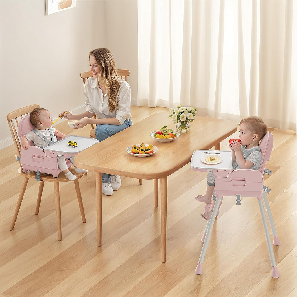 Obee Odee 3-in-1 Portable Baby High Chair for Babies and Toddlers, Convertible Easy Clean Infant Foldable Highchair with Adjustable Legs & Dishwasher Safe Tray, Pink