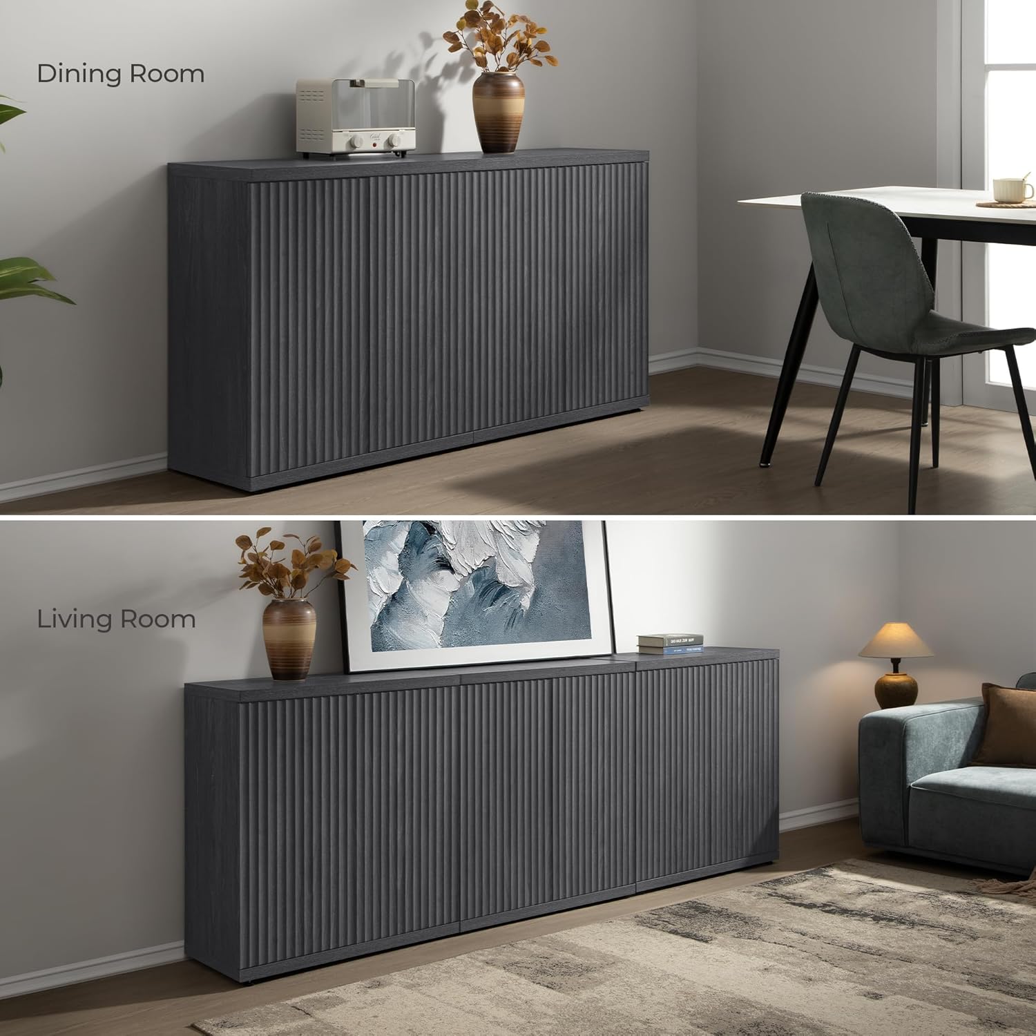 SICOTAS Buffet Cabinet with Storage Accent Sideboard Modern Credenza with Doors & Shelves Fluted Media Console Mid Century Coffee Bar Table for Living Room Kitchen Dining Room Hallway(3PCS)