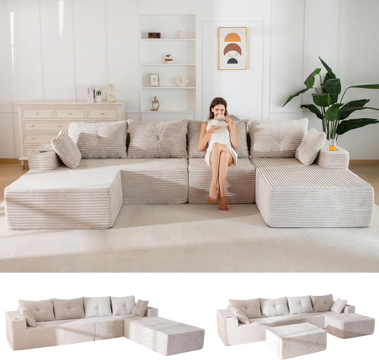 MAXYOYO 132" Giant U-Shaped Modular Sectional Couch, Modern Boneless Couch for Living Room, Sofa in A Box, Oversized Sofa Sleeper with Deep Seat, No Assembly Required, Grayish Beige