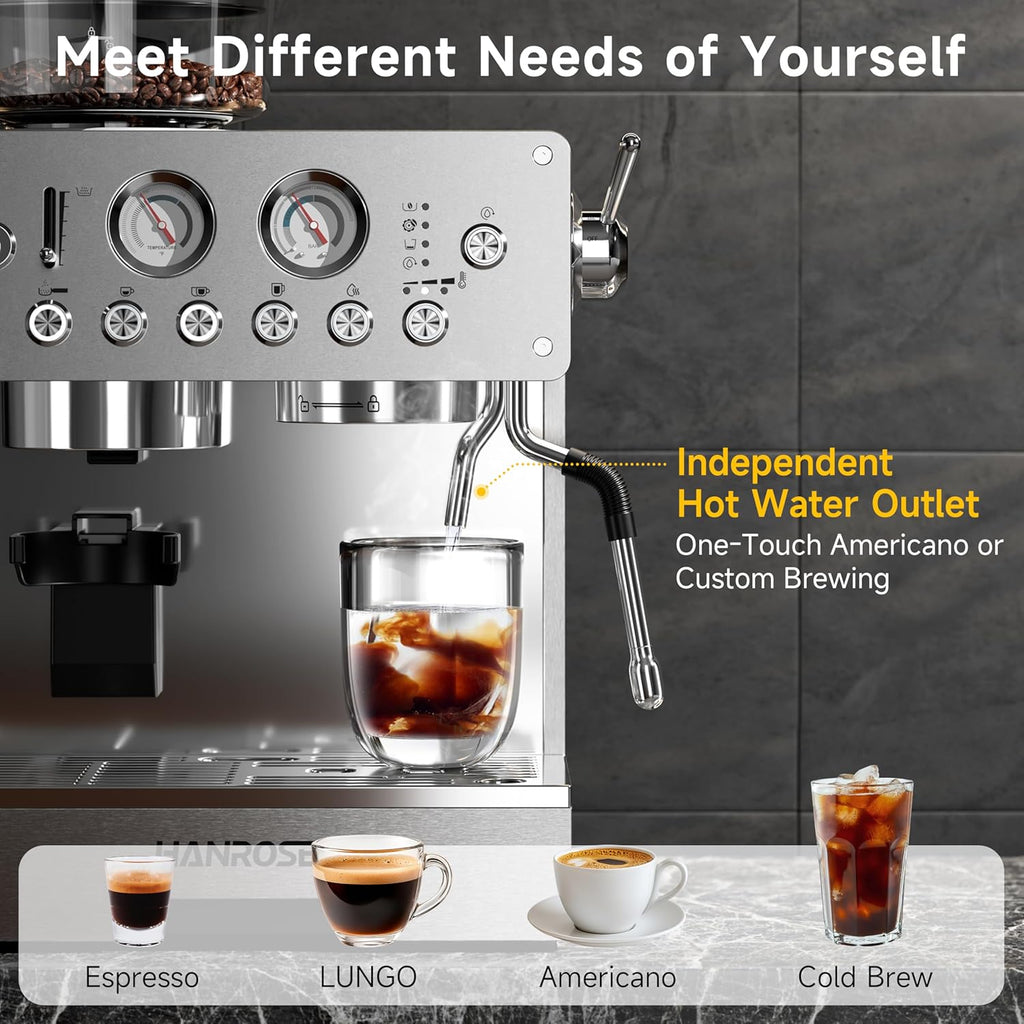 Espresso Machine with Grinder, 20Bar Espresso Machine Stainless Steel, Coffee Machine with Milk Frother for Latte/Cappuccino, Adjustable Temperature, Independent Hot Water & Americano Function