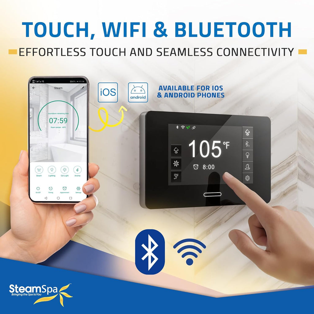 SteamSpa Steam System 12kW Steam Shower Generator with Bluetooth Wifi, Quickstart Continous Steam, Advanced Touch Pad Screen, Chroma Lights, Drain Pan and Auto Drain Chrome RVBS1200CH-A