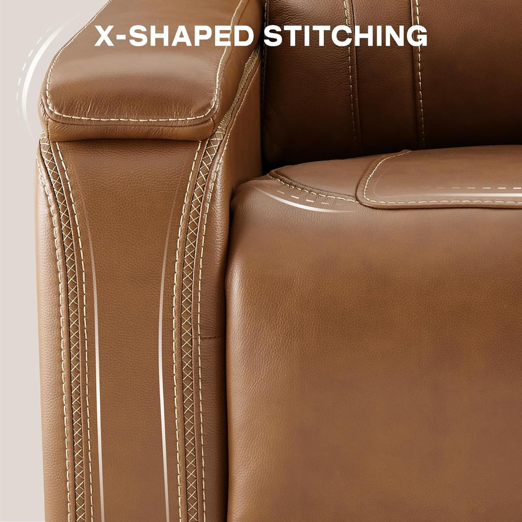 Watson & Whitely Oversized Lay Flat Recliner for Big and Tall, Genuine Leather Electric Recliner Chairs for Adults with Power Headrest & Chargers for Living Room, Saddle Brown