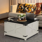 Farmhouse Coffee Table Sets 3 Pieces, 24'' End Table with Charger and Narrow 14'' Nightstand w/Glass Barn Door, Large Coffee Tables with Hidden Storage Organizer, Living Room Sets