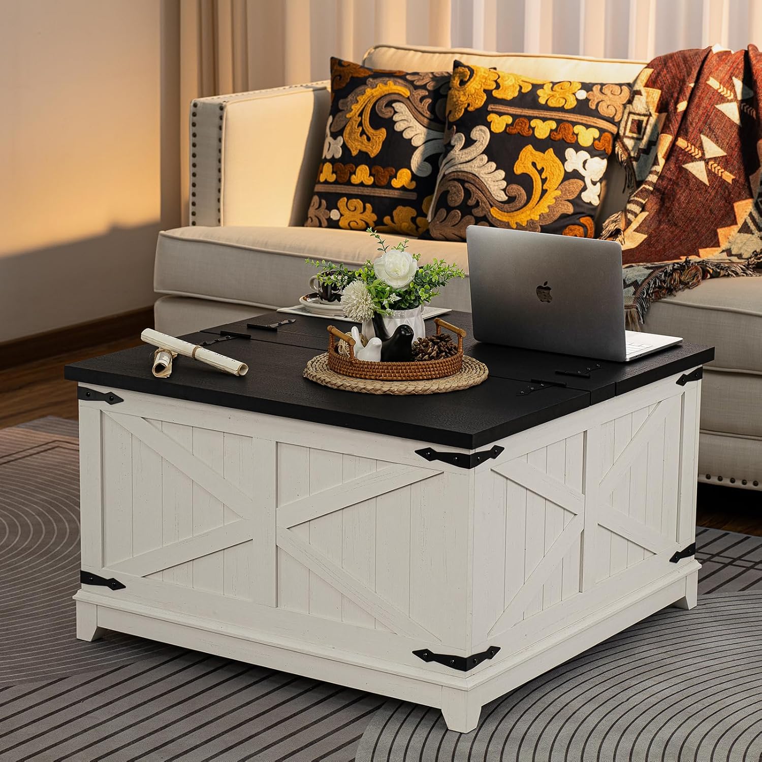 Farmhouse Coffee Table Sets 3 Pieces, 24'' End Table with Charger and Narrow 14'' Nightstand w/Glass Barn Door, Large Coffee Tables with Hidden Storage Organizer, Living Room Sets