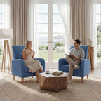 COLAMY Mid-Century Modern Upholstered Accent Chair with Back Pillow & Solid Wood Legs, Fabric Cozy Armchair for Living Room, Bedroom, Reading Nook, Apartment & Small Spaces, Blue