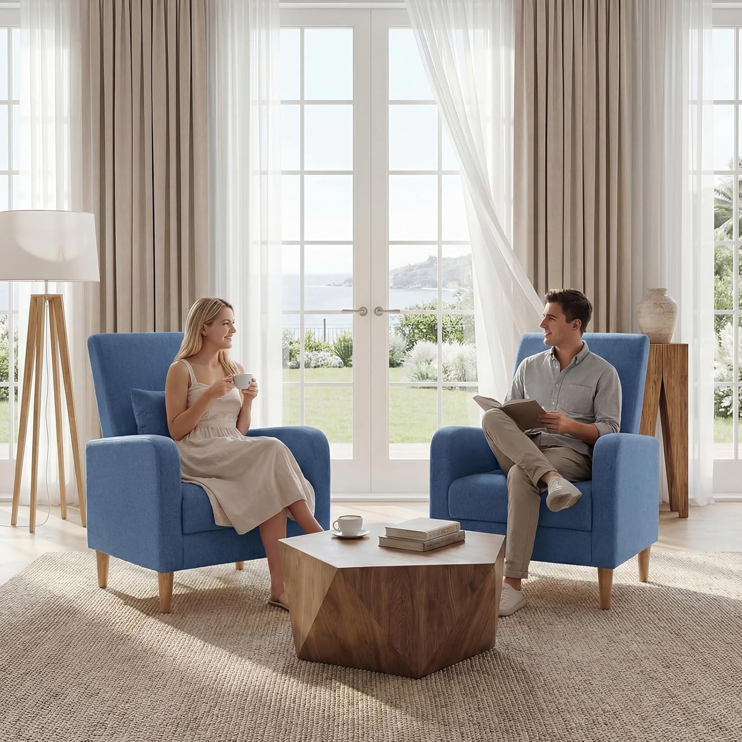 COLAMY Mid-Century Modern Upholstered Accent Chair with Back Pillow & Solid Wood Legs, Fabric Cozy Armchair for Living Room, Bedroom, Reading Nook, Apartment & Small Spaces, Blue