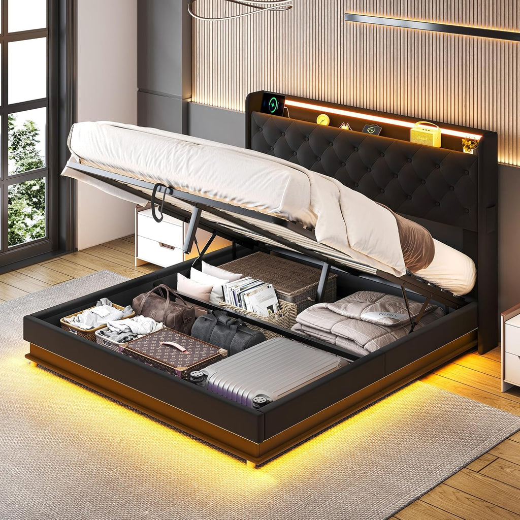 Lift Up Storage Bed Full, Bed Frame Full Size with Charging Station & Led Lights, Upholstered Storage Bed with Wingback 2-Tier Bookcase Headboard, Hydraulic Lift, No Box Spring Needed,Black | lift up bed, breathable material