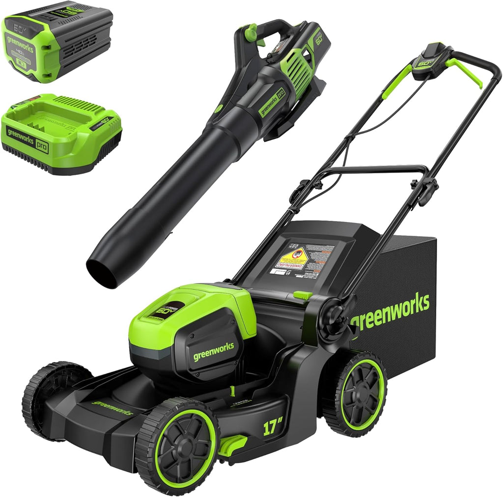 Greenworks 60V 17" Brushless (Push) Mower + 60V (610 CFM) Brushless Blower  4.0Ah Battery and 3A Charger