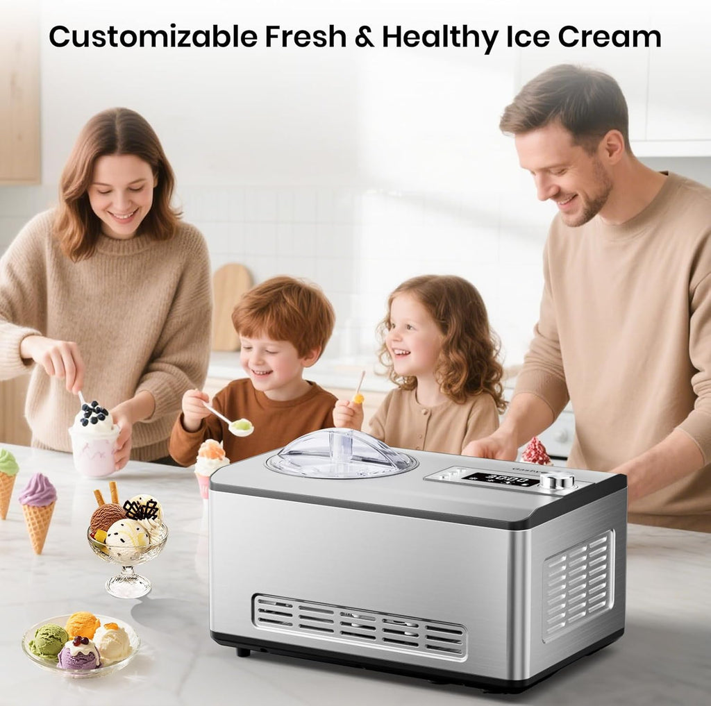 Ice Cream Maker with Upgraded Compressor, 40% Faster Freezing, No Pre-Freezing Needed, LED Display, 2.1 Qt Capacity, Easy Operation for Ice Cream & Yogurt, Stainless Steel