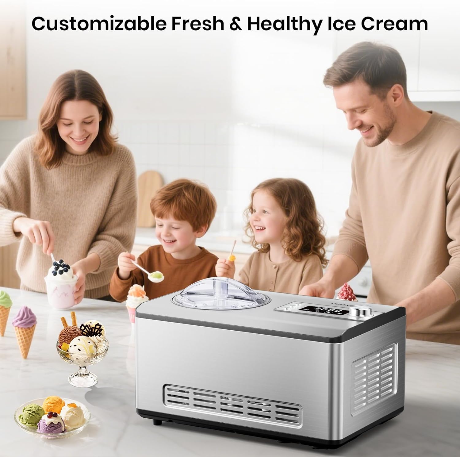 Ice Cream Maker with Upgraded Compressor, 40% Faster Freezing, No Pre-Freezing Needed, LED Display, 2.1 Qt Capacity, Easy Operation for Ice Cream & Yogurt, Stainless Steel