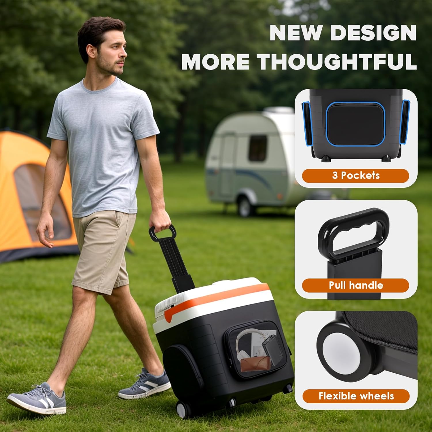 Kikihuose 12V Car Refrigerator 32 Qt (30L) Electric Cooler/Warmer with Pockets, Ice Pack Divider, Removable Lid, Wheels,Thermoelectric Fridge for Travel Camping Vehicles Truck Home, 120V AC