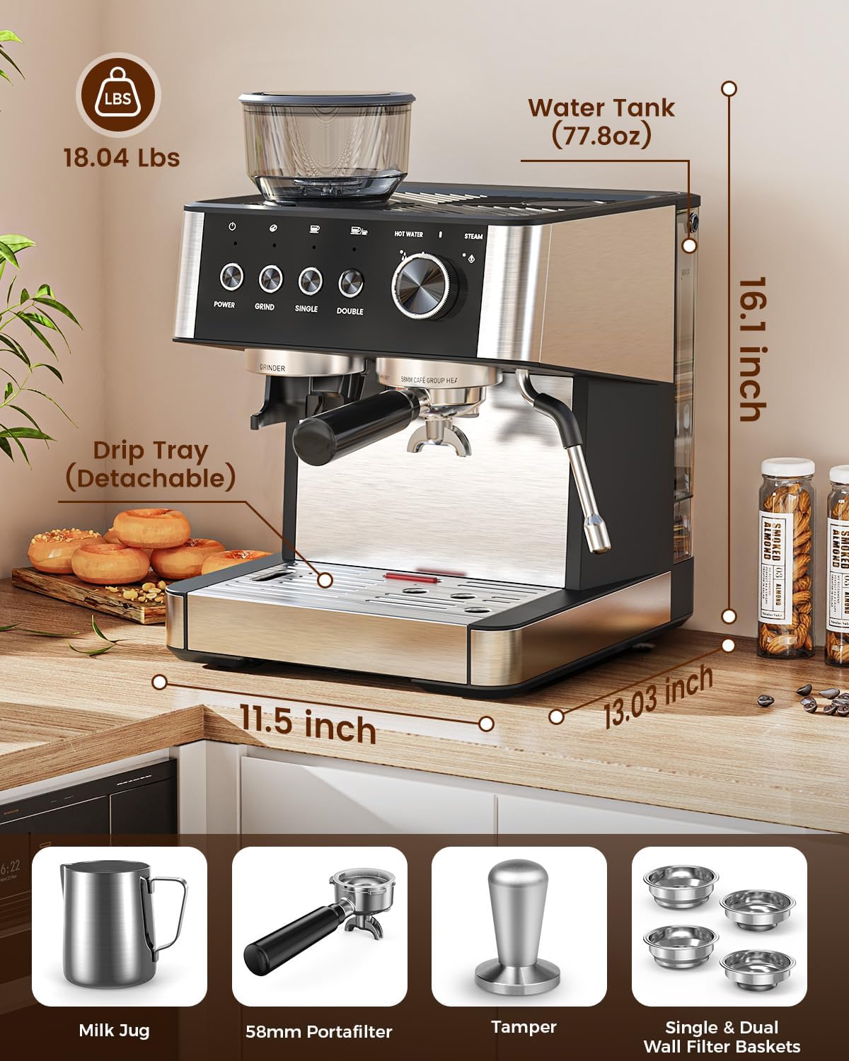(2026 Upgrade) Espresso Machine with Grinder, 15 Bar Expresso Coffee Machines, Professional Coffee Maker for Latte&Cappuccino with Milk Frother, Expresso Machines for Home Descaling Kit Included Black