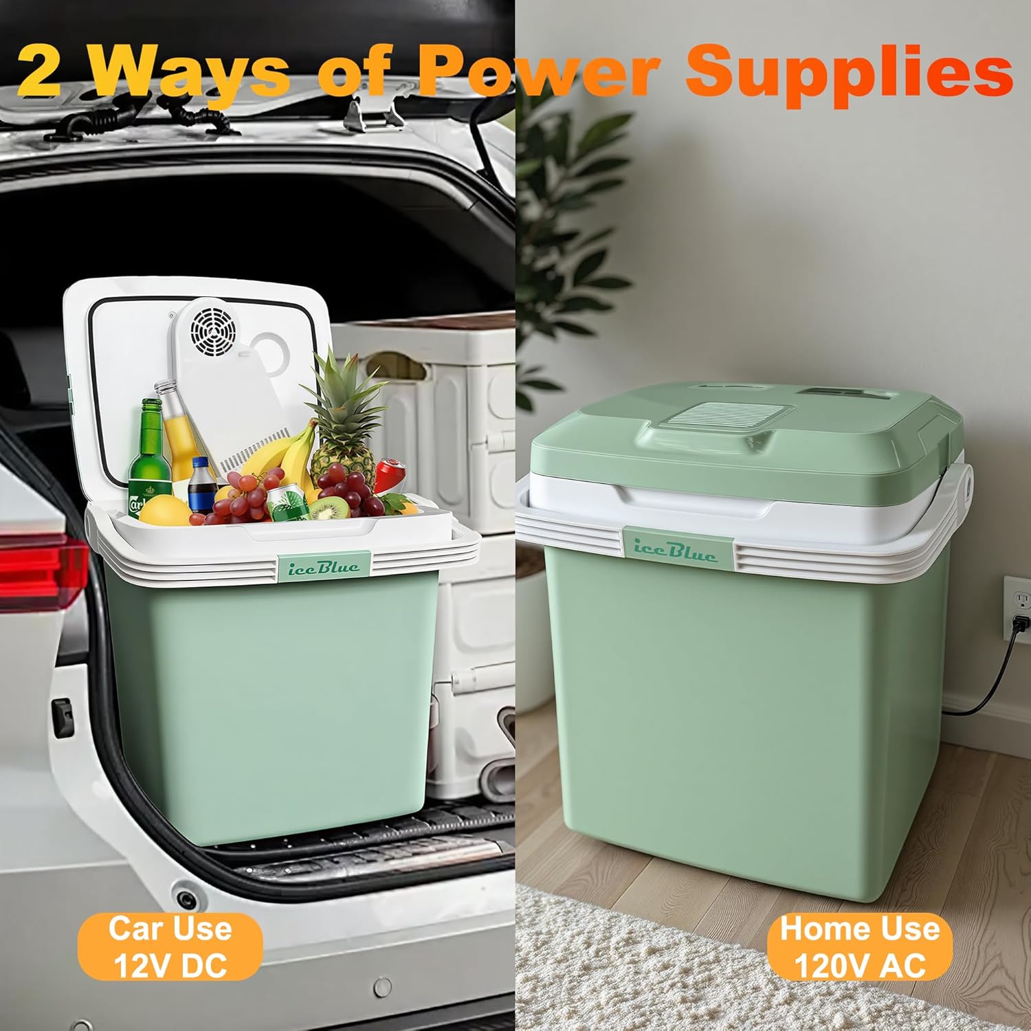 Iceblue Mini Fridge, 26 Liters/28 Cans Electric Cooler with Automatic Locking Handle, 120V AC Home Power Cord & 12V Car Adapter Car Refrigerator, Car Fridge for Home, Car, Gift (Green)