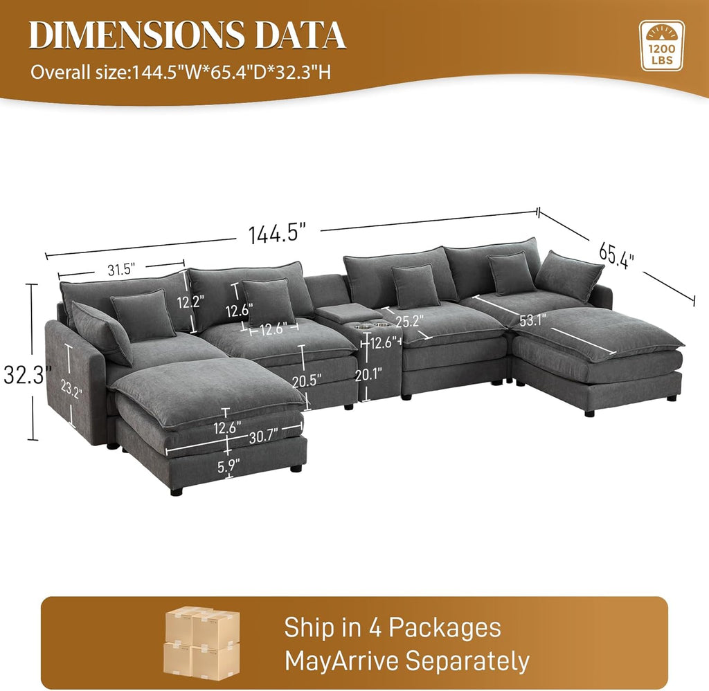 145" Cloud Couch Oversized U Shaped Grey Sectional Couches for Living Room, Big Soft Comfy Fluffy Chenille Couch Sectionals, Modular Sectional Sofa with Ottoman & Central Console
