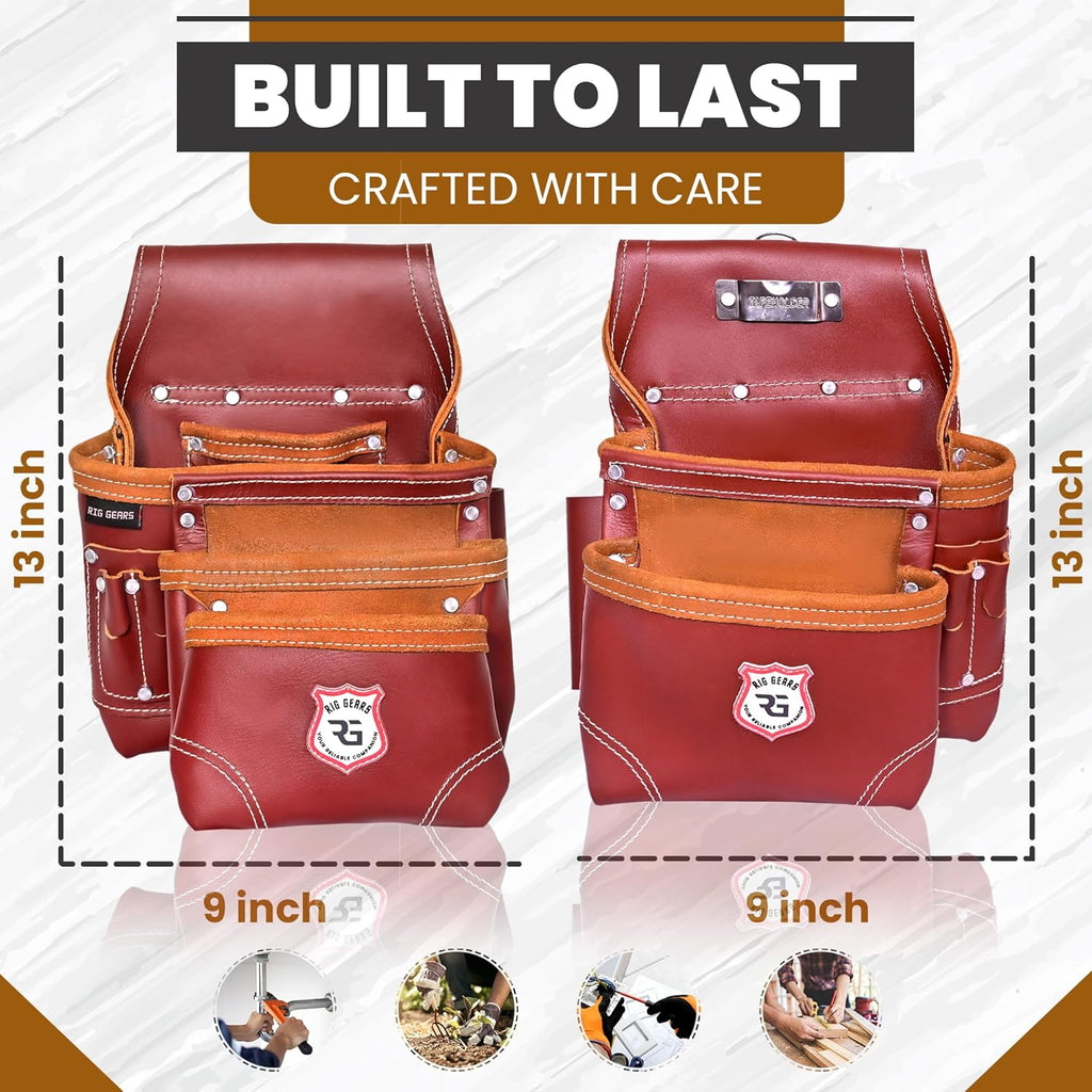 Professional 11 Pockets Leather Tool Pouch Bags/Carpenter Tool Belt Set | Heavy-duty Drywall Pouch, Electrician Pouch, And Framing Tool Belt Pouches (Maroon, Standard)