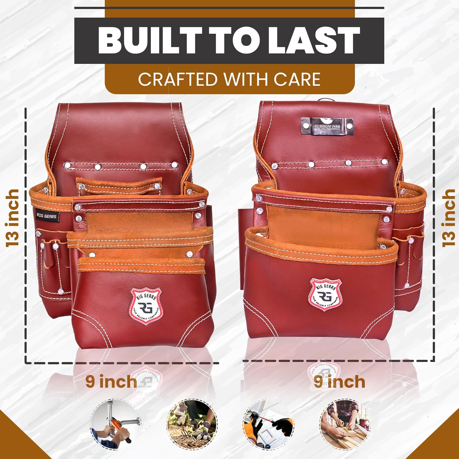 Professional 11 Pockets Leather Tool Pouch Bags/Carpenter Tool Belt Set | Heavy-duty Drywall Pouch, Electrician Pouch, And Framing Tool Belt Pouches (Maroon, Standard)