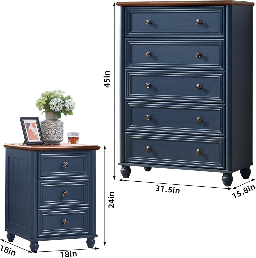 Farmhouse Dressers and Night Stand Set of 3, Wood 45''Tall Dresser and 18'' Chest of Drawers, Roman Column 3 Drawers Nightstand Set of 2, Bedroom Furniture Dresser Suites for Living Room, Hallway Home
