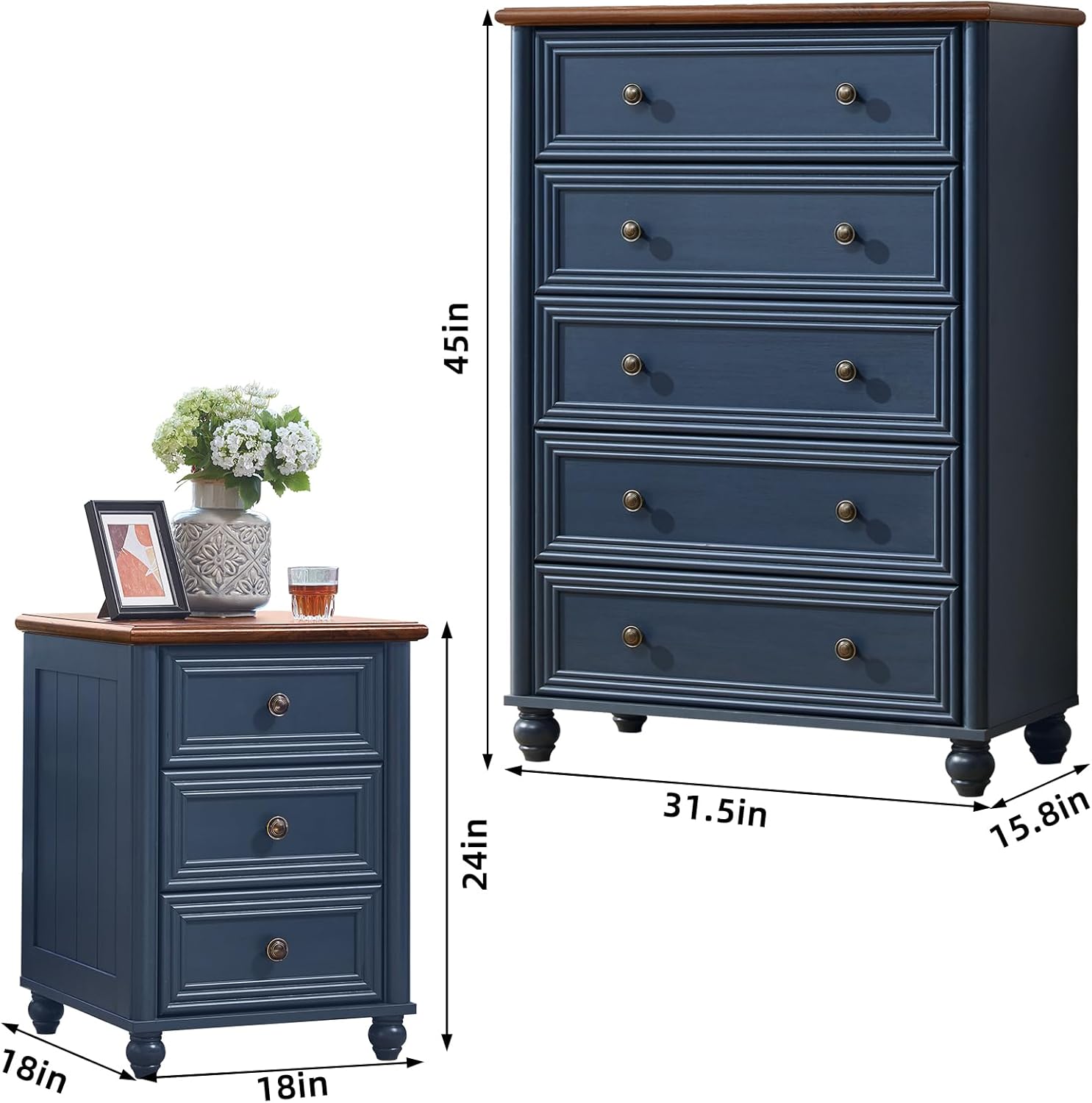 Farmhouse Dressers and Night Stand Set of 3, Wood 45''Tall Dresser and 18'' Chest of Drawers, Roman Column 3 Drawers Nightstand Set of 2, Bedroom Furniture Dresser Suites for Living Room, Hallway Home