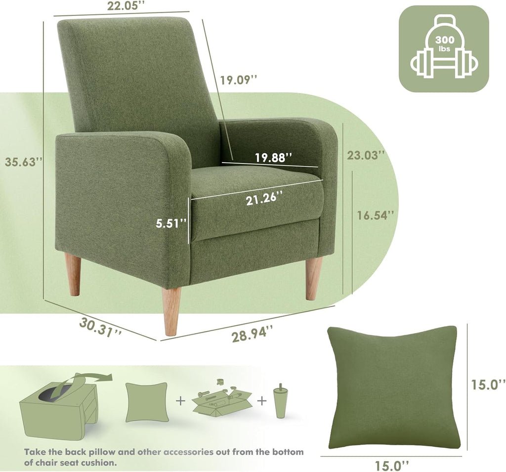 COLAMY Mid-Century Modern Upholstered Accent Chair with Back Pillow & Solid Wood Legs, Fabric Cozy Armchair for Living Room, Bedroom, Reading Nook, Apartment & Small Spaces, Green