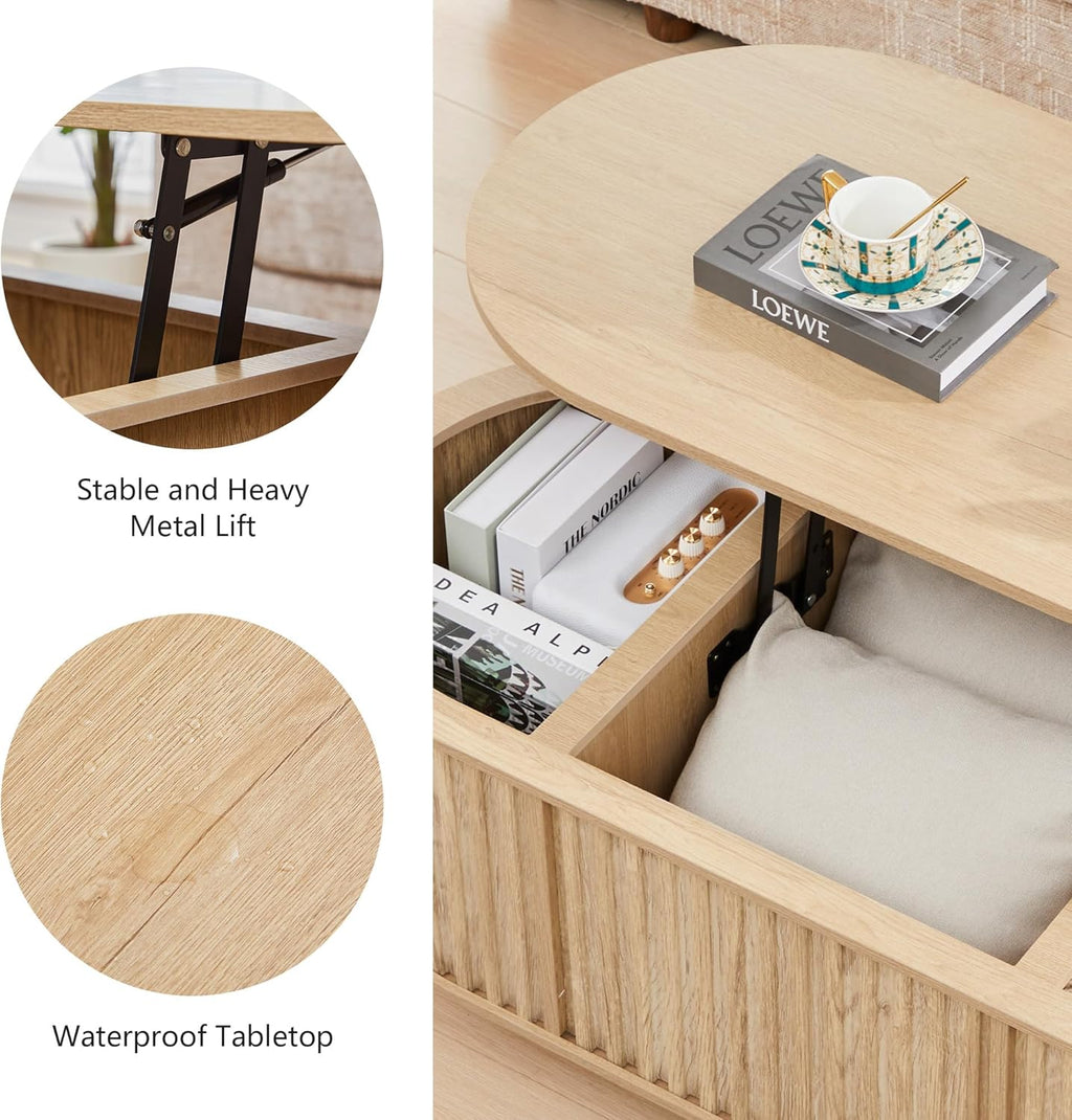 43.3''Lift Top Coffee Table with Storage,Oval Center Table with Hidden Compartment,Mid Century Modern Coffee Tables for Living Room,Fluted Wooden Lift Tabletop for Small Space Apartment Office,Natural