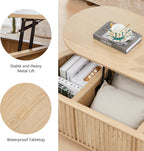 43.3''Lift Top Coffee Table with Storage,Oval Center Table with Hidden Compartment,Mid Century Modern Coffee Tables for Living Room,Fluted Wooden Lift Tabletop for Small Space Apartment Office,Natural