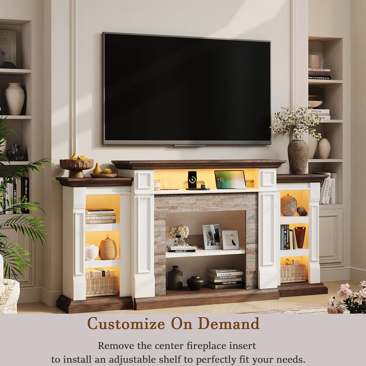 72'' Fireplace TV Stand with Outlet & LED, Electric Fireplace with Mantel, Entertainment Center with Storage for TVs Up to 80 Inch, 23'' Fireplace Heater Insert with 3D Flame Effect for Living Room