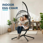 LEYCAY Hanging Egg Chair with Stand, Outdoor Indoor Swing Egg Chair with Cushion, Wicker Hammock for Patio, Bedroom 350 LBS Capacity-Dark Grey