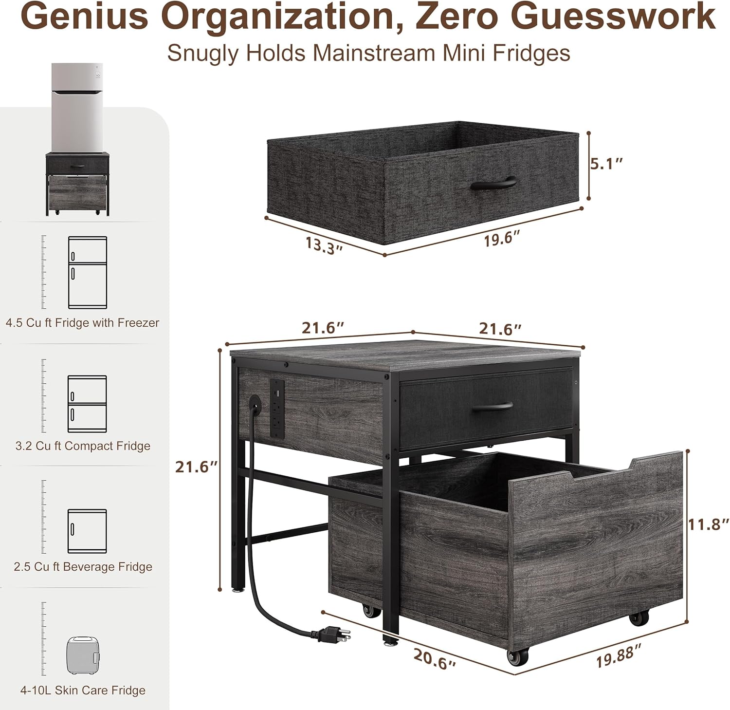 Mini Fridge Stand Cabinet Table Station With Storage Drawers For Dorm Refrigerator To Sit On, Heavy Duty Small Cart With Wheels, Grey Office Beverage Shelf and Power Outlet, Sturdy Bedroom Nightstand