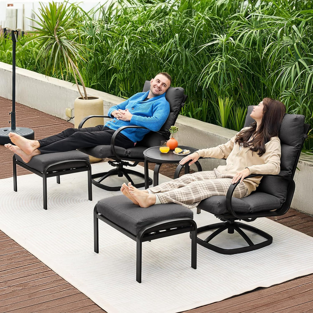 NATURAL EXPRESSIONS Patio Furniture Set, 5 Pieces Outdoor Swivel Rocker with Ottoman, High Back, Deep Seating with 5" Olefin Cushion, Patio Rocking Chairs for Porch, Backyard (Dark Grey)