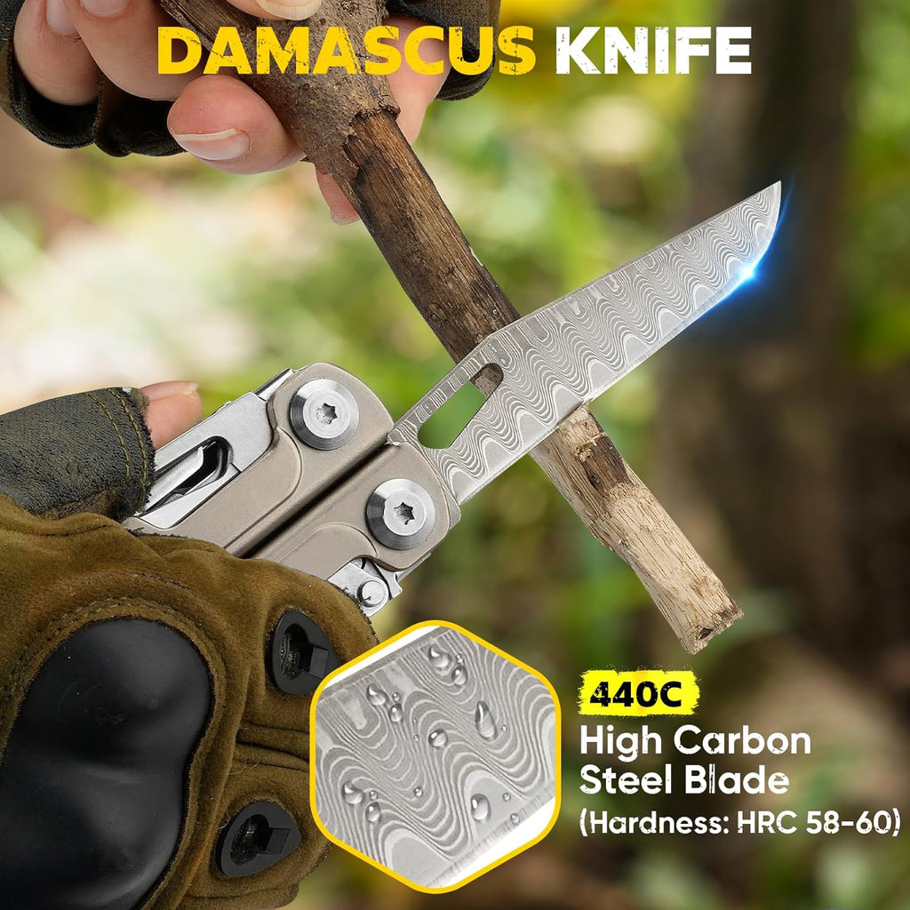 BIBURY Titanium Alloy Multitool with Damascus Knife, EDC Multi tools with Replaceable Wire Cutters, Scissors, Screwdriver Bits, Titanium Handle Multi-Tool for Camping, Survival, Repair - BI2049TI