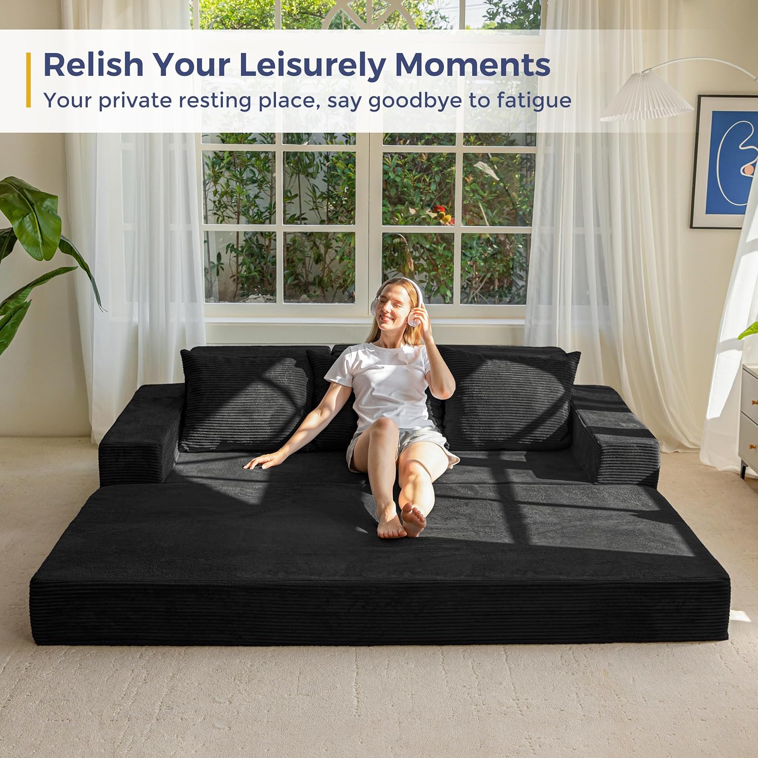 MAXYOYO Convertible Sofa Bed, 80" Oversized Boneless Loveseat Couch 4 in 1 Foldable Floor Sofa Couch in A Box with 2 Cup Holders, Folding Sleeper Chair for Living Room, No Assembly Required, Black