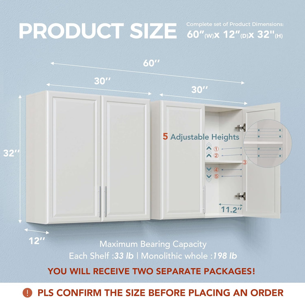 60" W Laundry Room Wall Cabinet with Adjustable Shelf,Wall Mounted Kitchen Cabinets with Two Shaker Doors,Upper Storage for Laundry Room, Bathroom, Kitchen