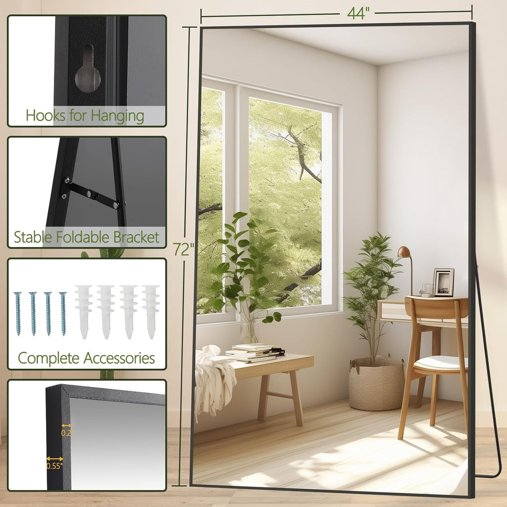 MELOMOIR 44"x72" Oversized Floor Mirror, Freestanding, Large Full Body Mirror for Bedroom, Living Room & Gym - Black Mirror with Tempered Glass
