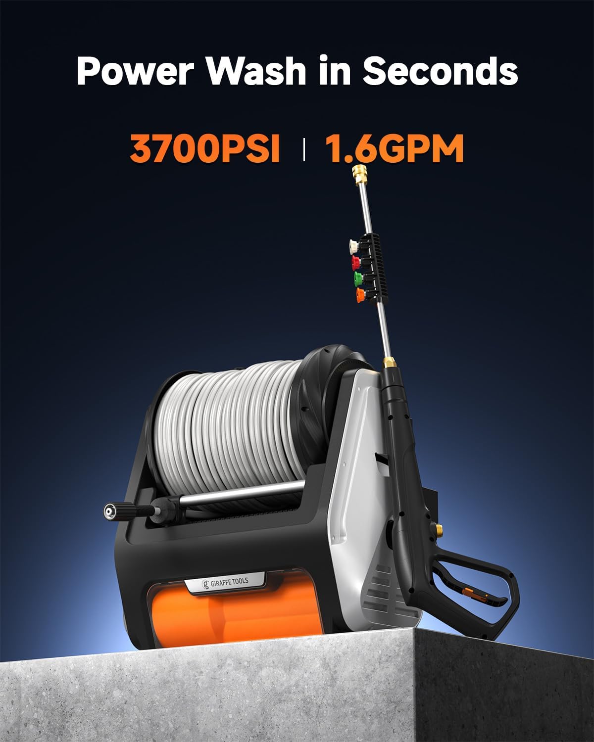 Giraffe Tools Grandfalls Retractable Wall Mounted Pressure Washer Pro  3700 PSI  1.6 GPM Electric Power Washer  Automatic Rewind  100ft Pressure Hoses  5 Nozzles for Cars/Fences/Patios  Light Silver