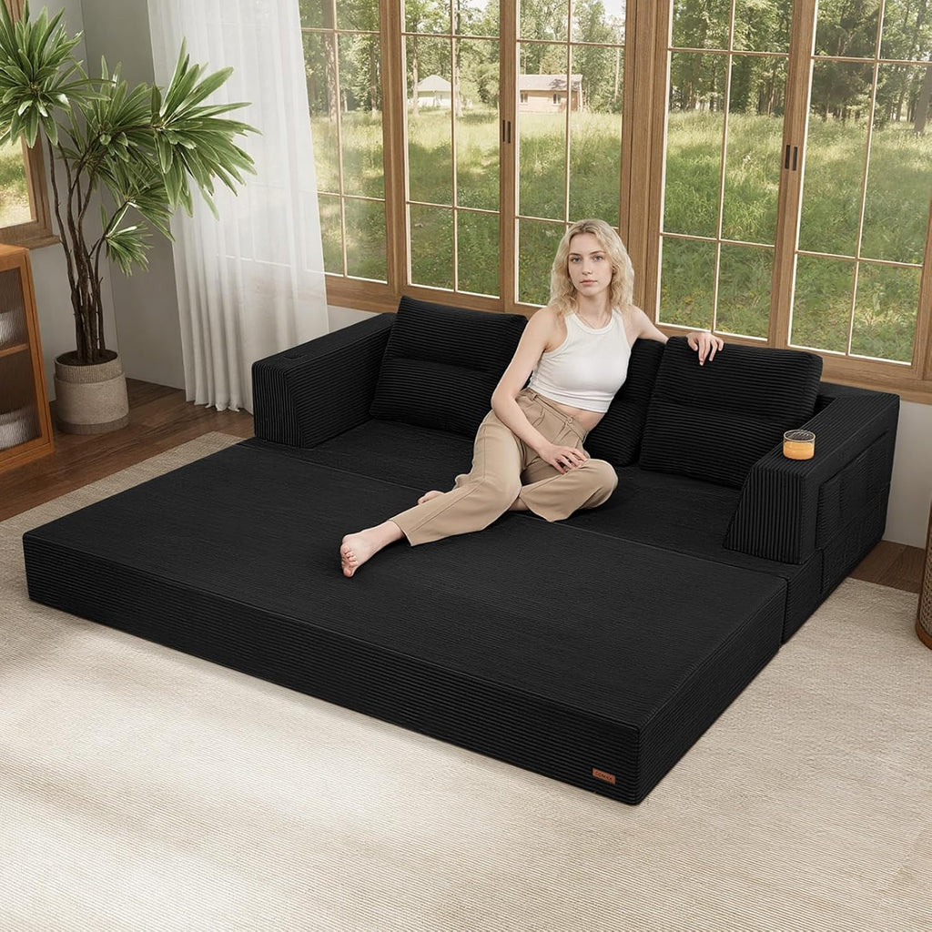 COMAX Futon Sofa Bed Queen, 79" Convertible Sofa Bed Couches for Living Room, 4 in 1 Folding Boneless Sleeper Corduroy Couch Loveseat Foam In a Box, Comfy Foldable Lounge Fold Out Floor Mattress Black