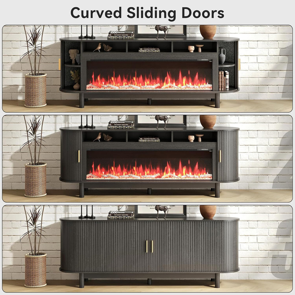 70 Inch Modern Fireplace TV Stand for TVs up to 80 inches, Mid Century TV Console with Solid Wood Legs, Sliding Doors & Curved Design,Media Console for Living Room, Black