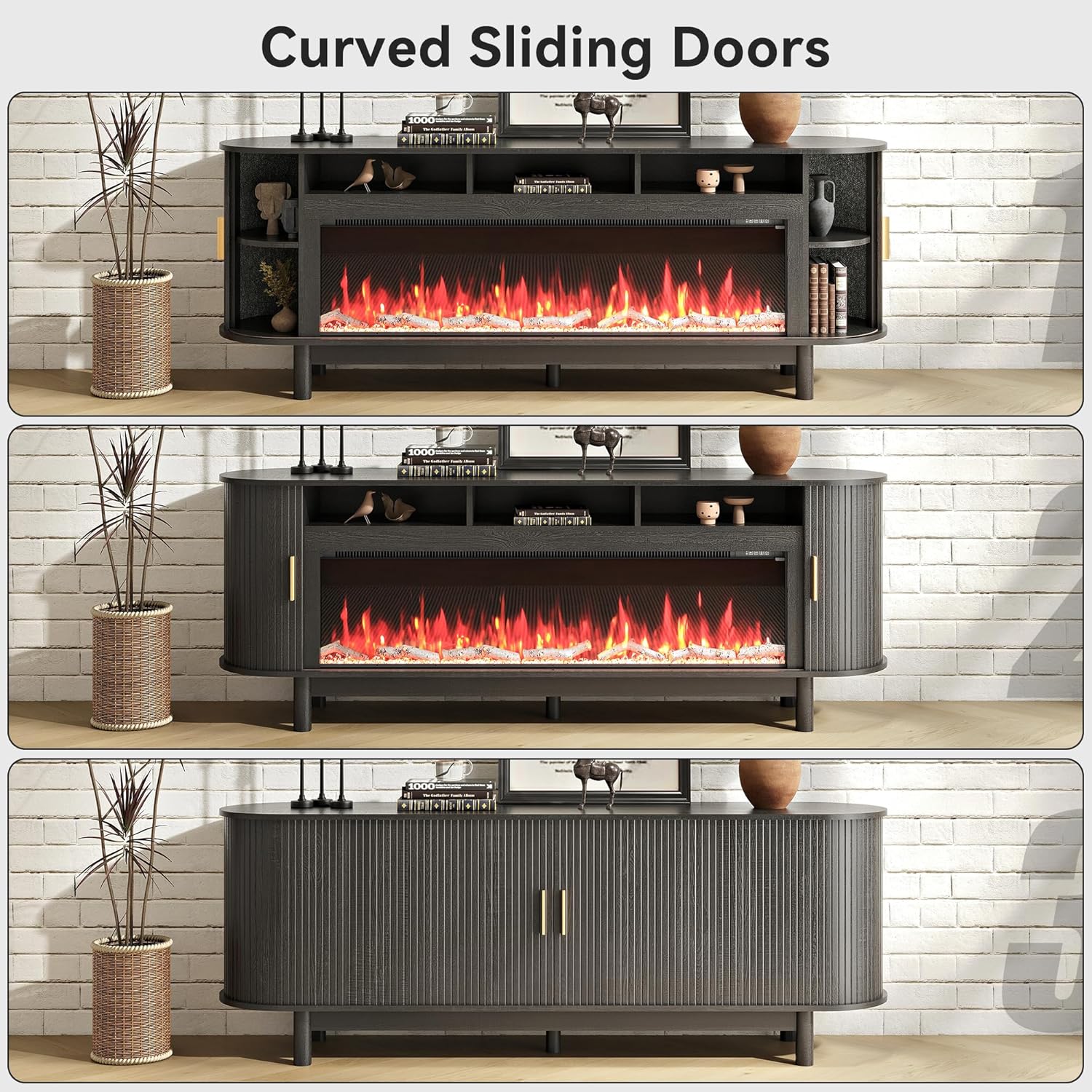 70 Inch Modern Fireplace TV Stand for TVs up to 80 inches, Mid Century TV Console with Solid Wood Legs, Sliding Doors & Curved Design,Media Console for Living Room, Black