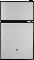 GE Mini Fridge With Freezer | 3.1 Cubic Ft. | Double-Door Design With Glass Shelves, Crisper Drawer & Spacious Freezer | Small Refrigerator Perfect for the Garage, Dorm Room, or Bedroom | Clean Steel